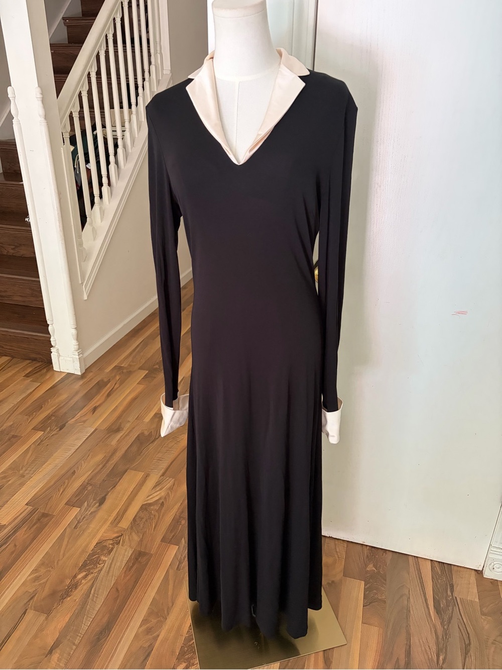 Lauren Ralph Lauren Black Formal Long Dress Satin Ivory Collar Cuffs, Large, EUC
